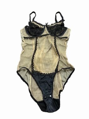 90s European Vintage Mimi Holliday Sheer Lace Accents Bodysuit Teddy Tan/Black M